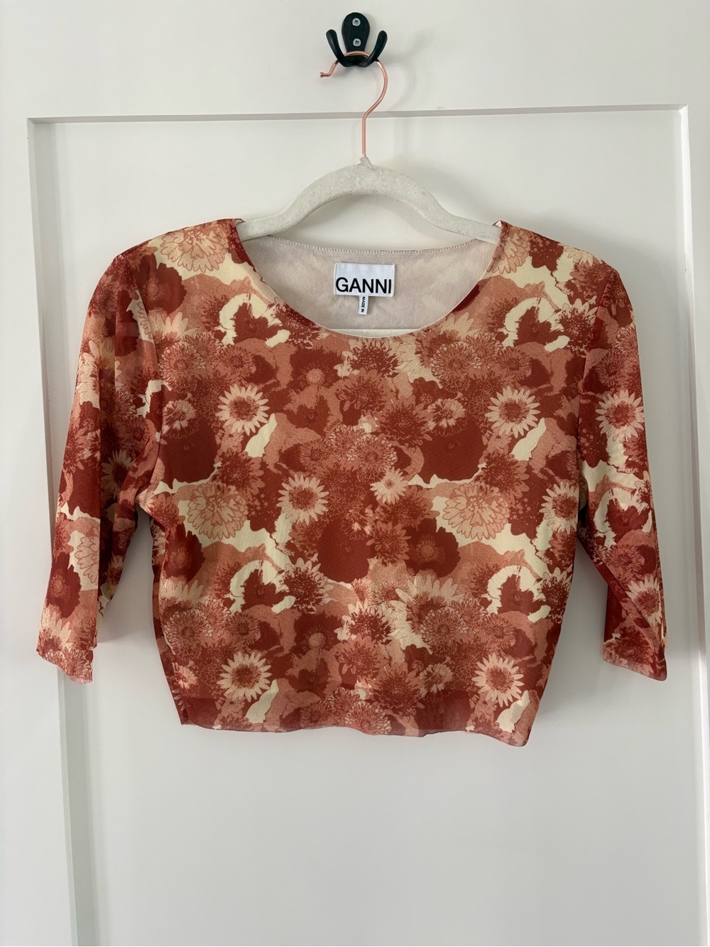 Ganni retro floral mesh crop top shirt orange brown rust stretch boho sz 34 US 2 - Picture 2 of 13